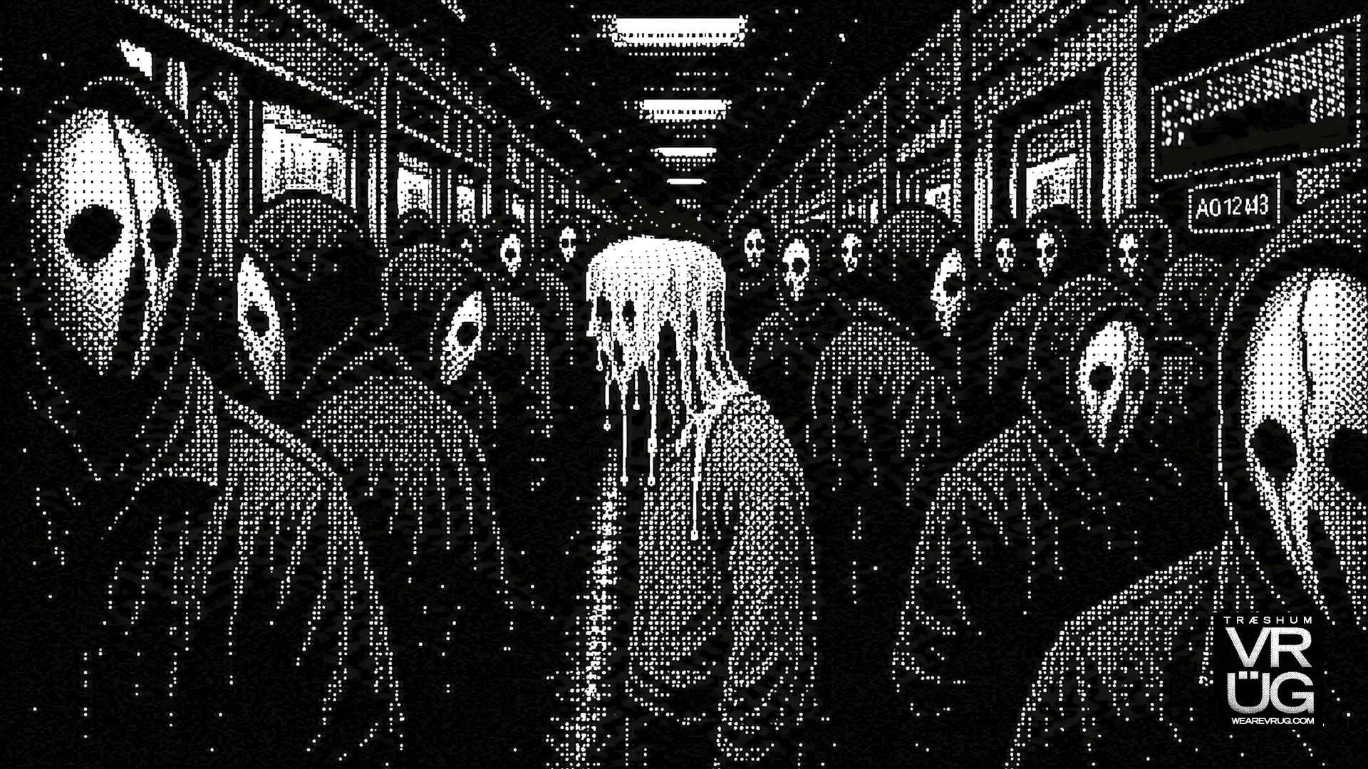 Escena visual de TRÆSHUM en blanco y negro: figuras enmascaradas dentro de un vagón oscuro y un cuerpo central de rostro derretido.