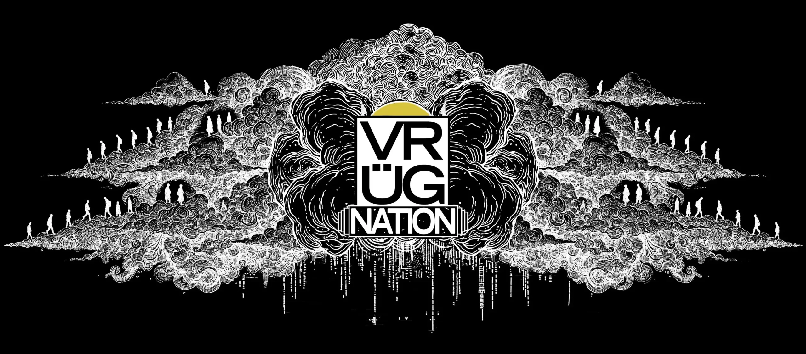 Banner de SOMOS con ilustración en blanco y negro, nubes ornamentales y el emblema VRÜG Nation en el centro.
